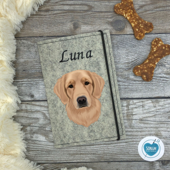 Designbeispiel der Impfpasshülle hellgrau meliert für den Golden Retriever